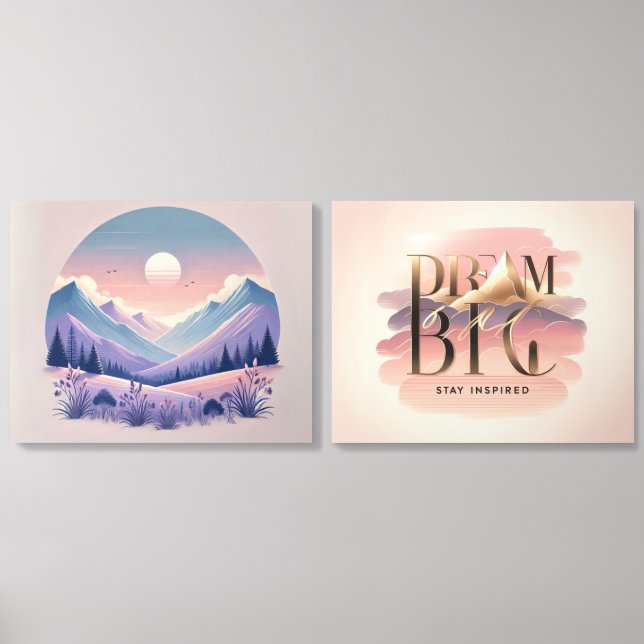 Mountain landscape at sunrise, and motivational acrylic photo tile (Front Set)