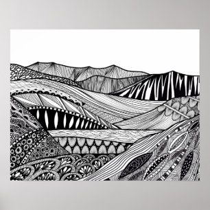 Mountain landscape black white abstract doodle art poster