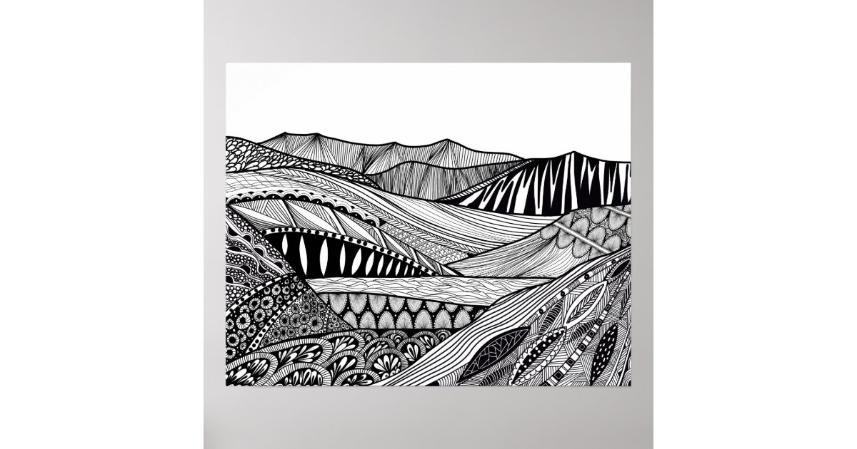 Mountain landscape black white abstract doodle art poster | Zazzle