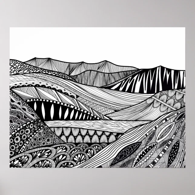 Mountain landscape black white abstract doodle art poster | Zazzle