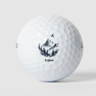 Mountain Landscape Drawing with Flying Bird Golf Balls