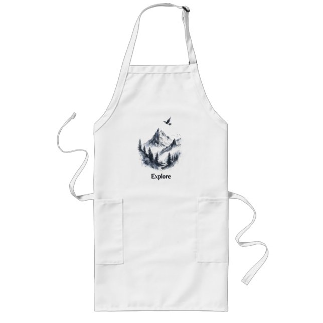 Mountain Landscape Drawing with Flying Bird Long Apron (Front)