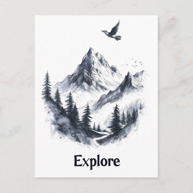 Mountain Landscape Drawing with Flying Bird Postcard (Front)