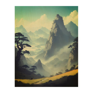 Mountain Landscape ink Painting Wood Wall Art