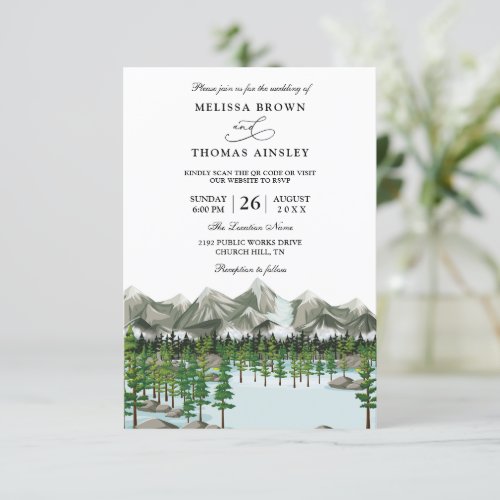 Mountain Landscape Lake Budget QR Code Wedding Invitation