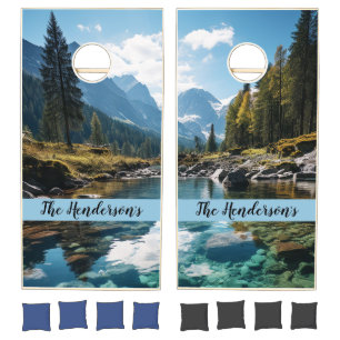Mountain Landscape Lake Getaway Camping Name Cornhole Set