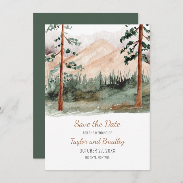 Mountain Landscape Pine Trees Rustic Save The Date (Front/Back)