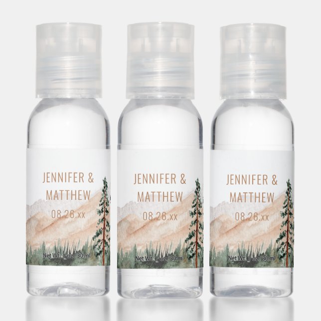 Mountain Landscape Pine Trees Rustic Wedding Favor Hand Sanitizer (Set)