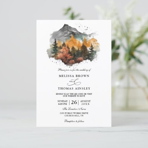 Mountain Landscape Rustic Budget QR Code Wedding Invitation