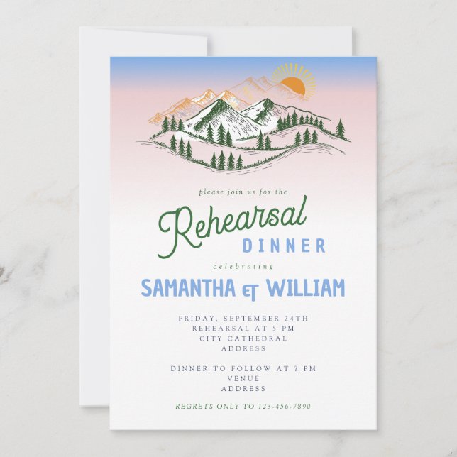 Mountain Landscape Rustic Green Rehearsal Dinner Invitation (Front)