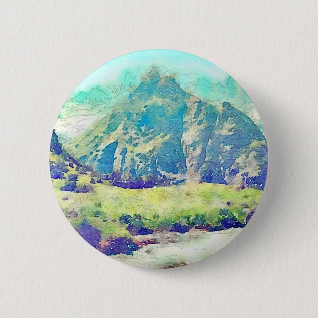 Mountain Landscape Watercolor Pinback Button (Front)