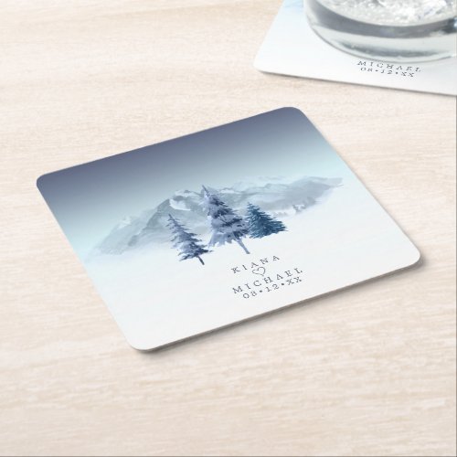 Mountain Landscape Wedding Blue ID787  Square Paper Coaster