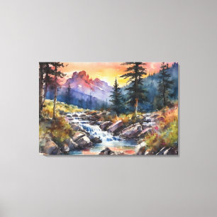 Mountain landscape with a waterfall at sunset canvas print