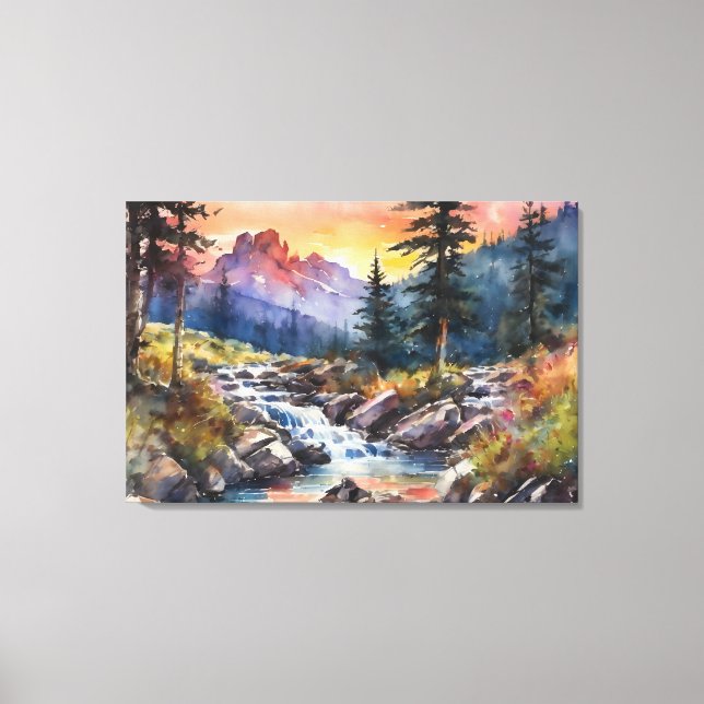 Mountain landscape with a waterfall at sunset canvas print (Front)