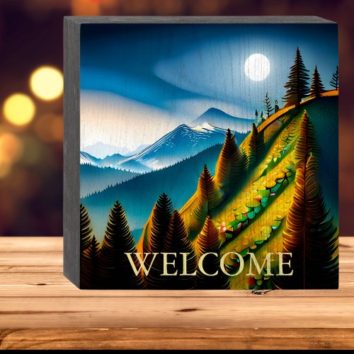 Mountain Landscape with Full Moon  Wooden Box Sign