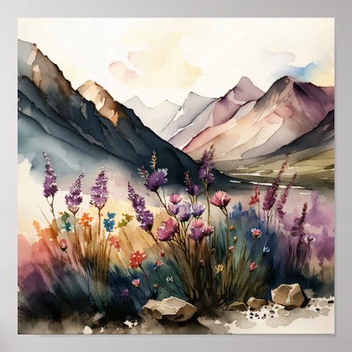 Mountain Landscape with Wildflowers Watercolor Poster