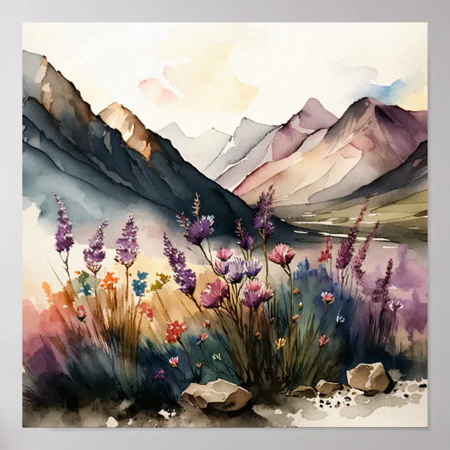 Mountain Landscape with Wildflowers Watercolor Poster | Zazzle