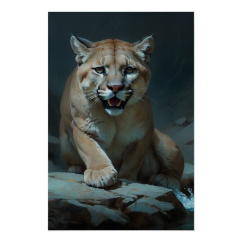 Mountain Lion at a Rock Pool Poster