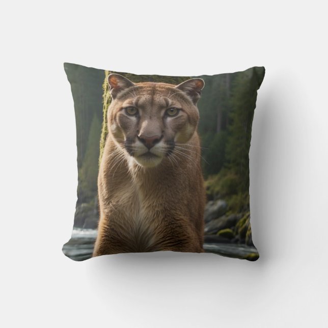 Mountain Lion at a Rock Pool Throw Pillow (Front)
