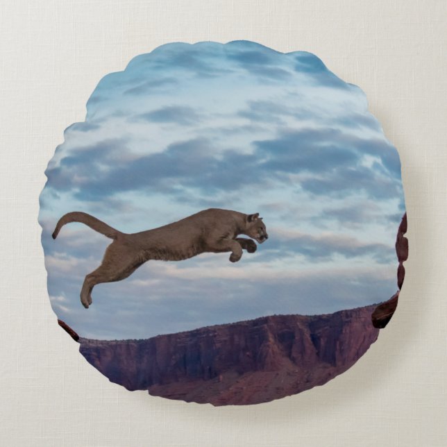 Mountain Lion Jumping Morning Skyjump,lion,animal, Round Pillow (Front)