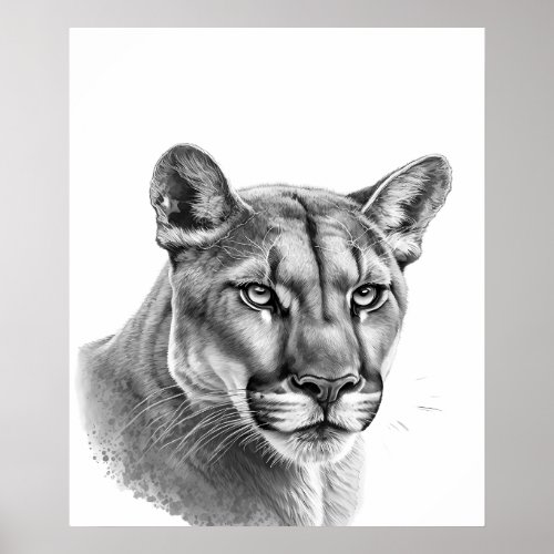 Mountain Lion Puma Big Cat Black White Poster