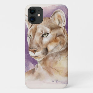 Mountain Lion Watercolor Painting Purple Splash iPhone 11 Case
