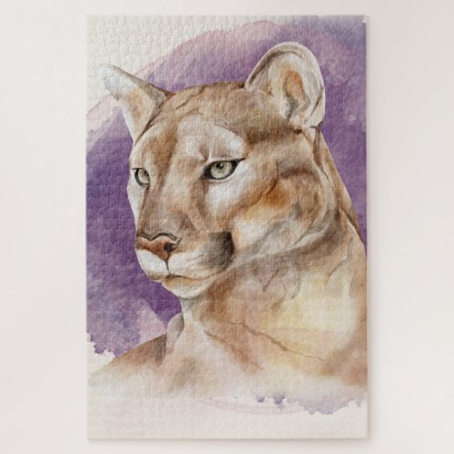 Mountain Lion Watercolor Painting Purple Splash Jigsaw Puzzle