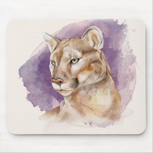 Mountain Lion Watercolor Painting Purple Splash Mouse Pad