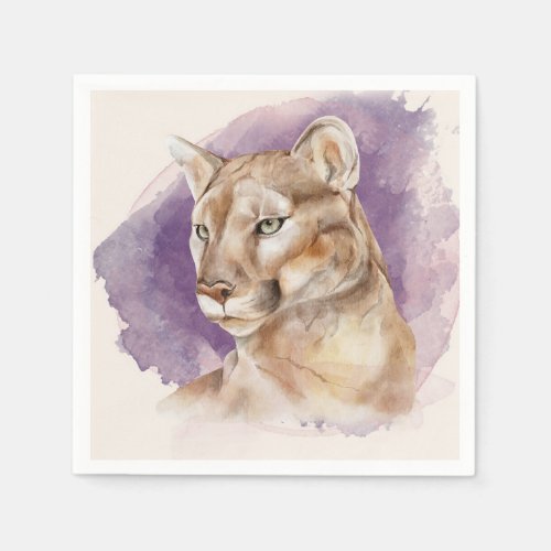 Mountain Lion Watercolor Painting Purple Splash Napkins