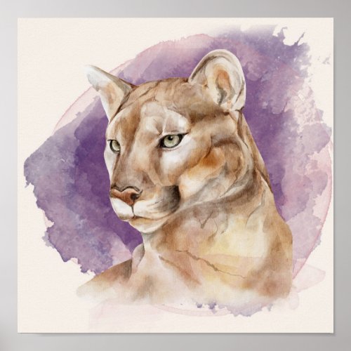 Mountain Lion Watercolor Painting Purple Splash Poster