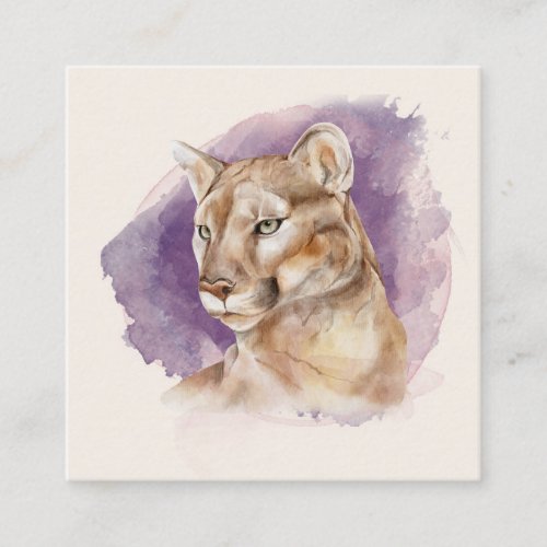 Mountain Lion Watercolor Painting Purple Splash Square Business Card