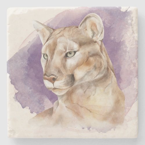 Mountain Lion Watercolor Painting Purple Splash Stone Coaster