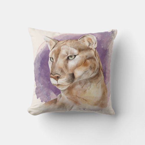 Mountain Lion Watercolor Painting Purple Splash Throw Pillow