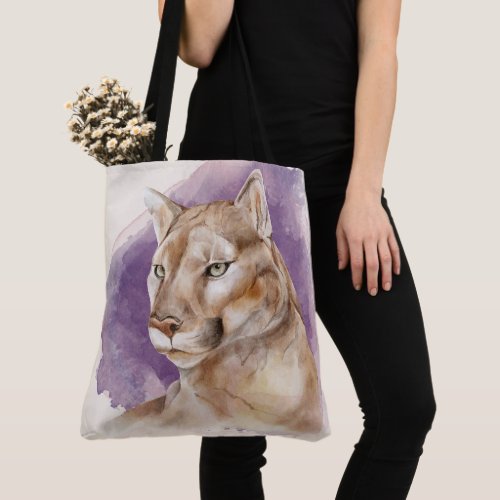Mountain Lion Watercolor Painting Purple Splash Tote Bag