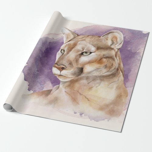 Mountain Lion Watercolor Painting Purple Splash Wrapping Paper