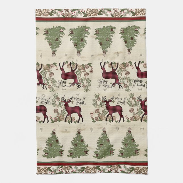 Mountain Lodge Christmas Tree Merry n Bright Deer Kitchen Towel (Vertical)