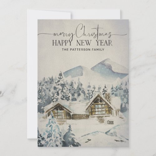 Mountain Lodge Forest Snow Scene Christmas Card