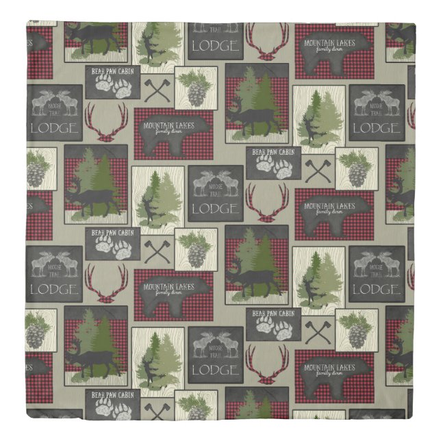 Mountain Lodge Lumberjack Plaid Chalkboard Deer Duvet Cover (Front)