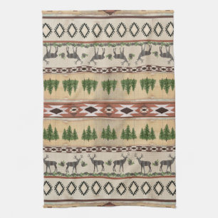 Mountain Lodge Rustic Wood Forest Deer Tribal Art Kitchen Towel