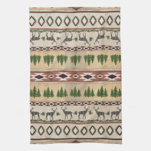 Mountain Lodge Rustic Wood Forest Deer Tribal Art Kitchen Towel