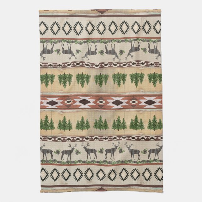 Mountain Lodge Rustic Wood Forest Deer Tribal Art Kitchen Towel (Vertical)