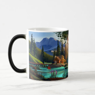mountain lodge with couple kayaking color morph mug