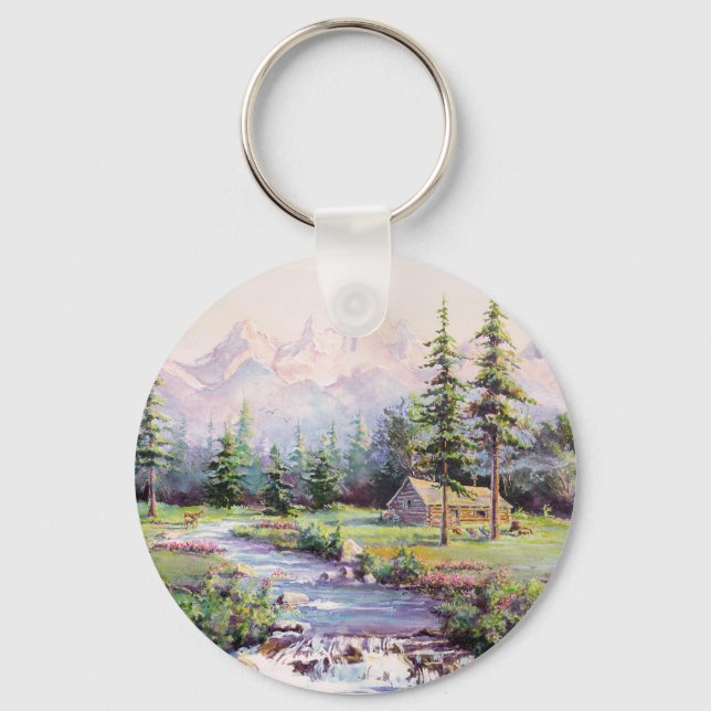 MOUNTAIN LOG CABIN by SHARON SHARPE Keychain (Front)