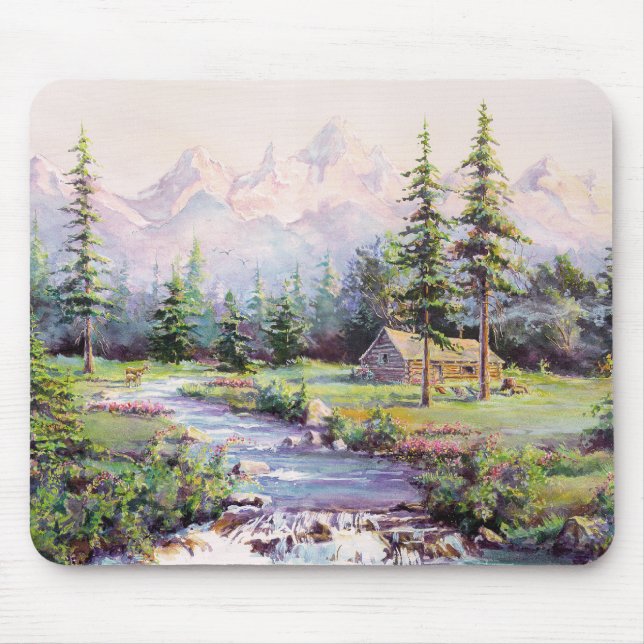 MOUNTAIN LOG CABIN by SHARON SHARPE Mouse Pad (Front)