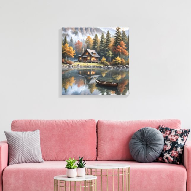 Mountain Log Cabin With Rowboat On a Lake Canvas Print (Insitu(LivingRoom))