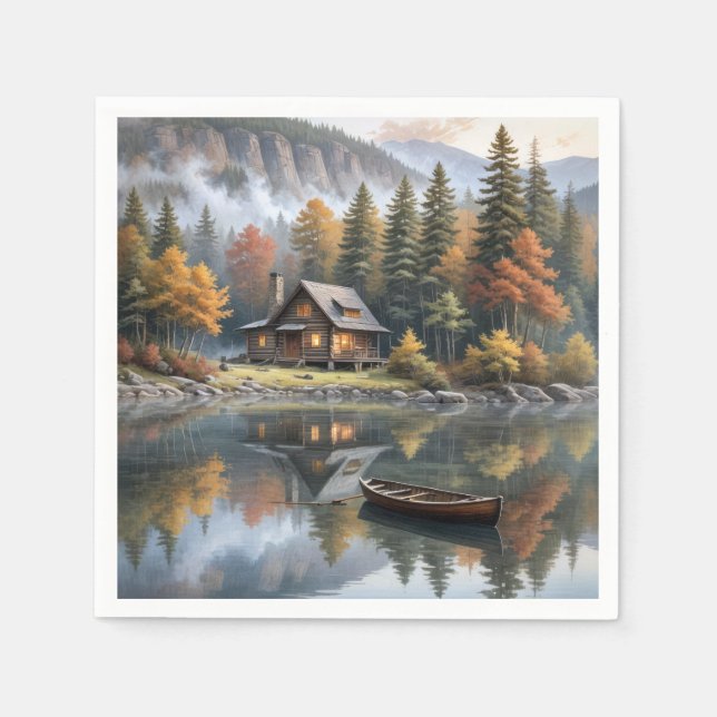 Mountain Log Cabin With Rowboat On a Lake Napkins (Front)
