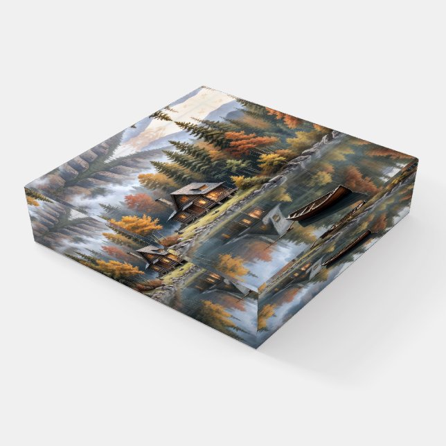 Mountain Log Cabin With Rowboat On a Lake Paperweight (Angled)