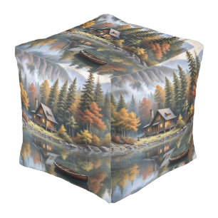 Mountain Log Cabin With Rowboat On a Lake Pouf