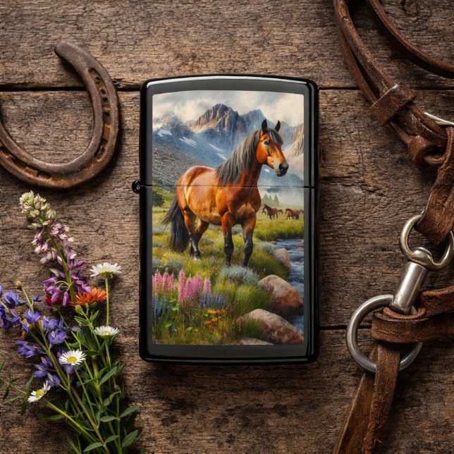 Mountain Meadow Horse Art Gift Zippo Lighter (Rustic watercolor horse Zippo lighter gift idea for horse lovers, collectors, and  Western fans)