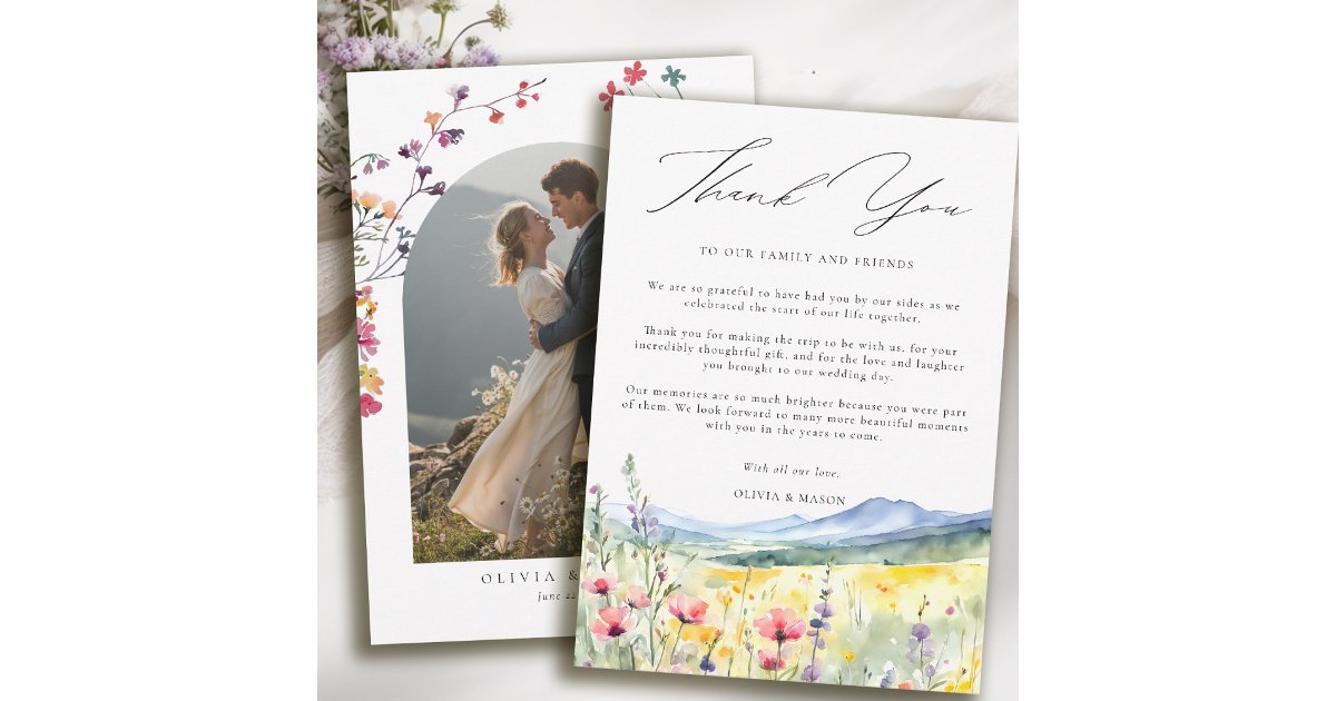 Mountain Meadow Wildflowers Modern Boho Wedding Thank You Card | Zazzle